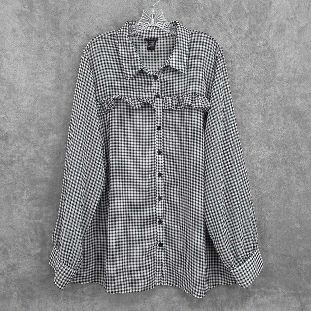 Torrid Ruffle Yoke Top 3 Black White Gingham Check Plaid Button Up Western Boho